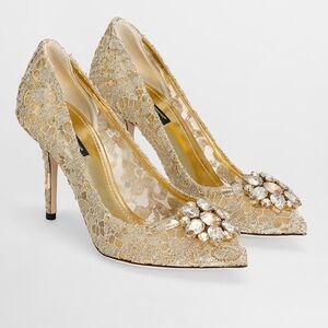 Authentic Dolcegabbana lurex lace rainbow pumps with brooch detailing in gold.
